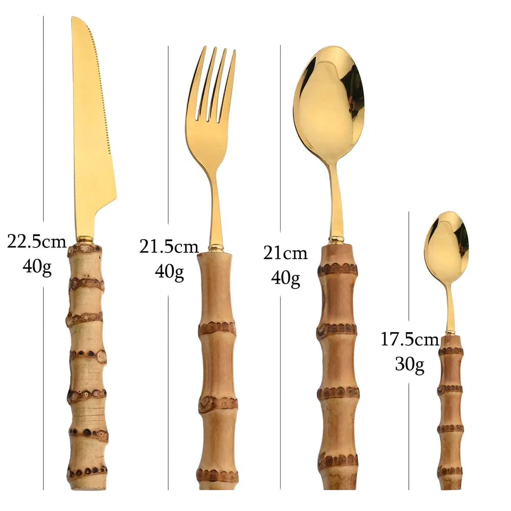 Conjunto de Talheres de Aço Inoxidável com Cabo de Bambu - 24 Peças