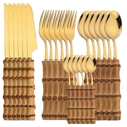 Conjunto de Talheres de Aço Inoxidável com Cabo de Bambu - 24 Peças