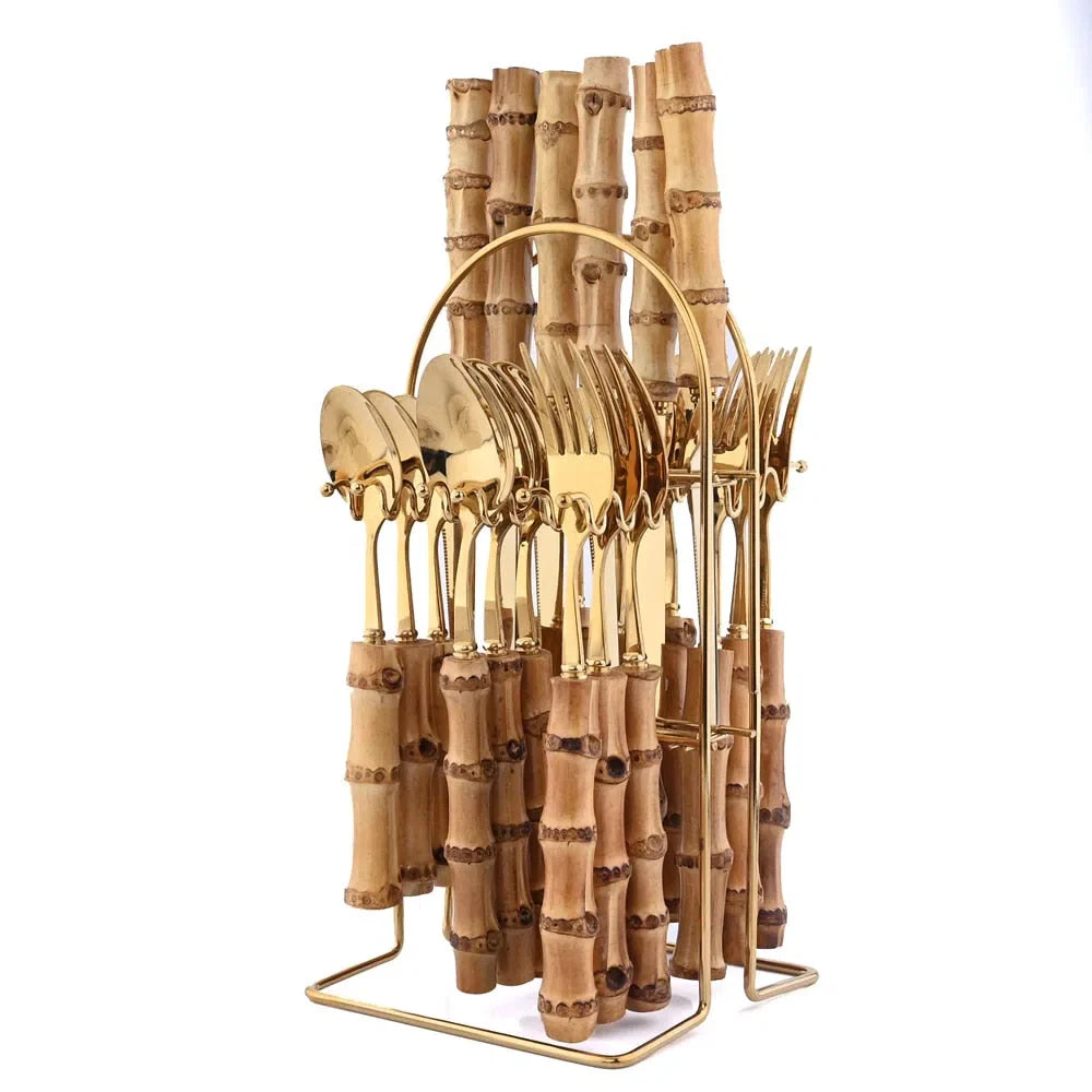 Conjunto de Talheres em Aço Inoxidável com Cabo de Bambu - 24 Peças