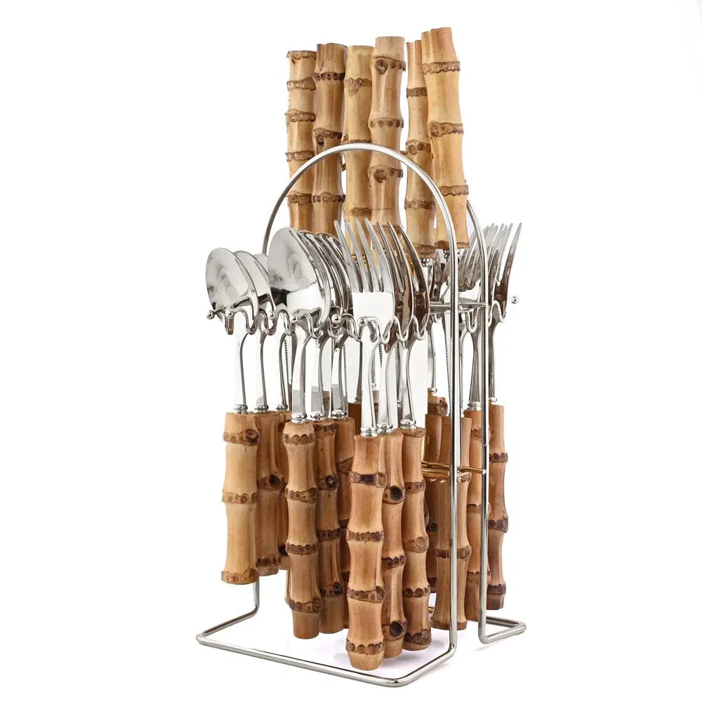 Conjunto de Talheres em Aço Inoxidável com Cabo de Bambu - 24 Peças