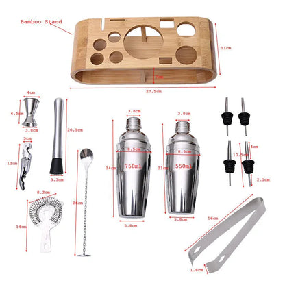 Conjunto de Utensílios de Coquetelaria Profissional com Suporte de Bambu - 12 Peças