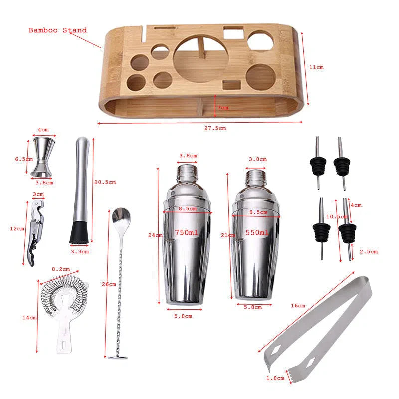 Conjunto de Utensílios de Coquetelaria Profissional com Suporte de Bambu - 12 Peças