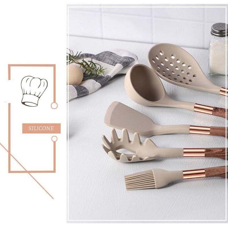 Conjunto de Utensílios de Cozinha de Silicone 10 Peças com Organizador Rosé