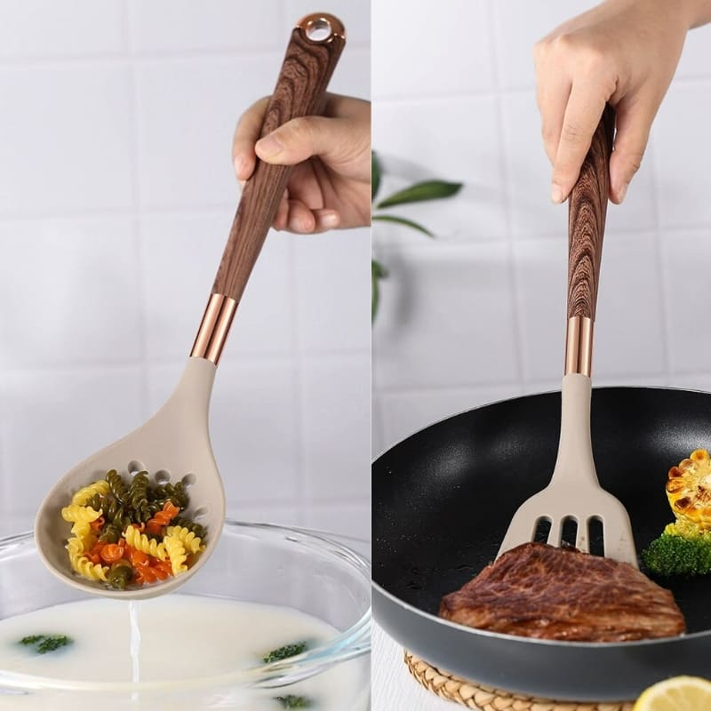 Conjunto de Utensílios de Cozinha de Silicone 10 Peças com Organizador Rosé