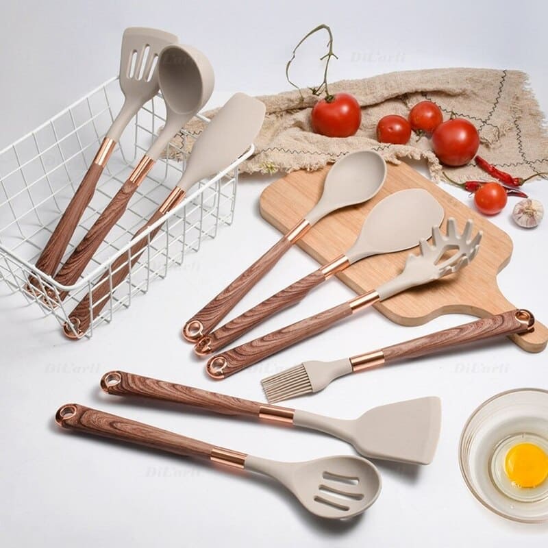 Conjunto de Utensílios de Cozinha de Silicone 10 Peças com Organizador Rosé