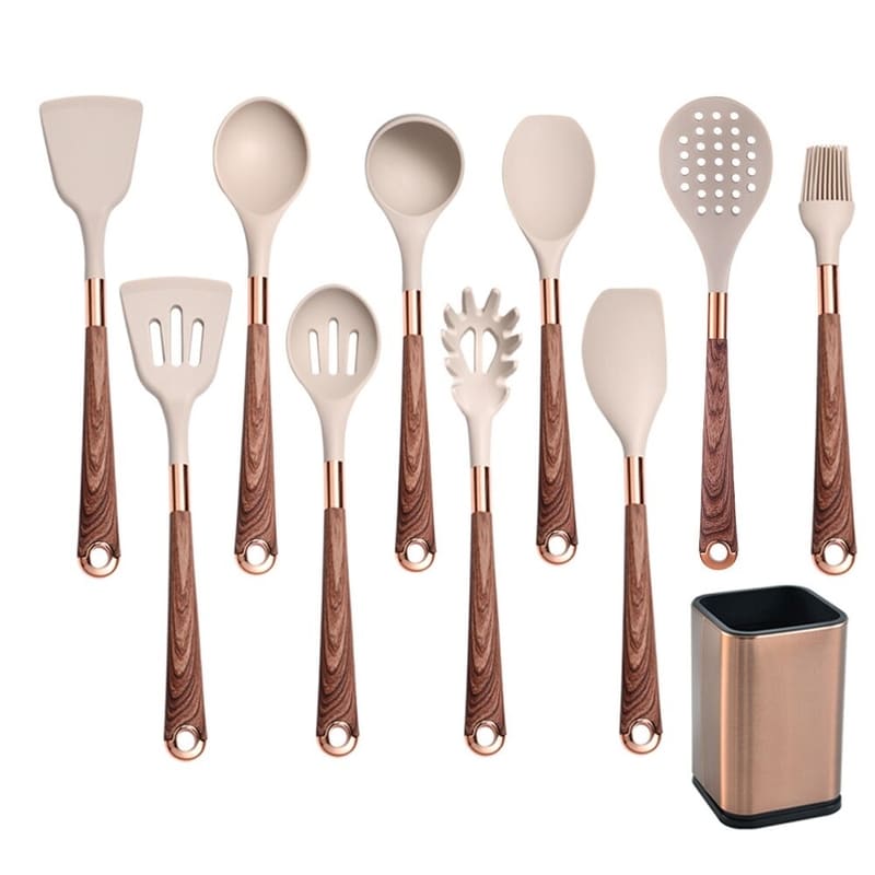 Conjunto de Utensílios de Cozinha de Silicone 10 Peças com Organizador Rosé