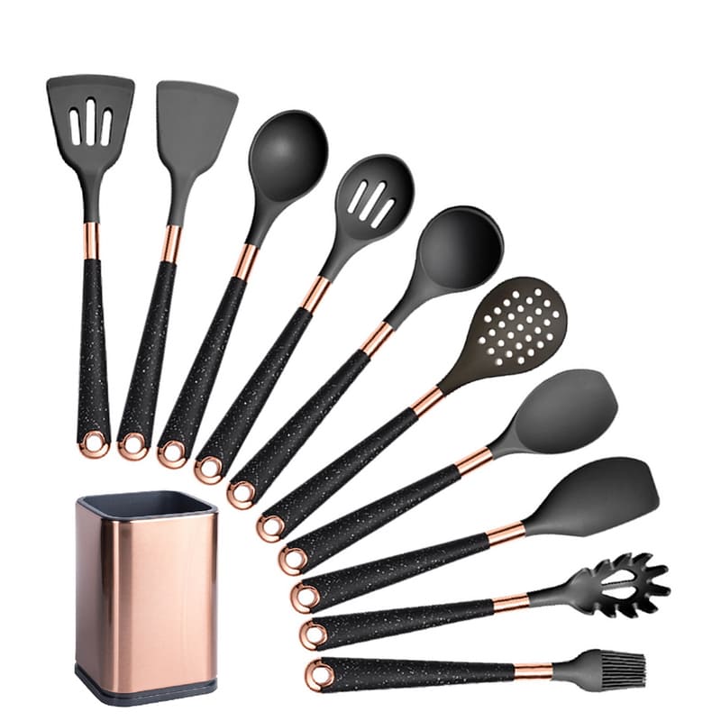 Conjunto de Utensílios de Cozinha de Silicone 10 Peças com Organizador Rosé