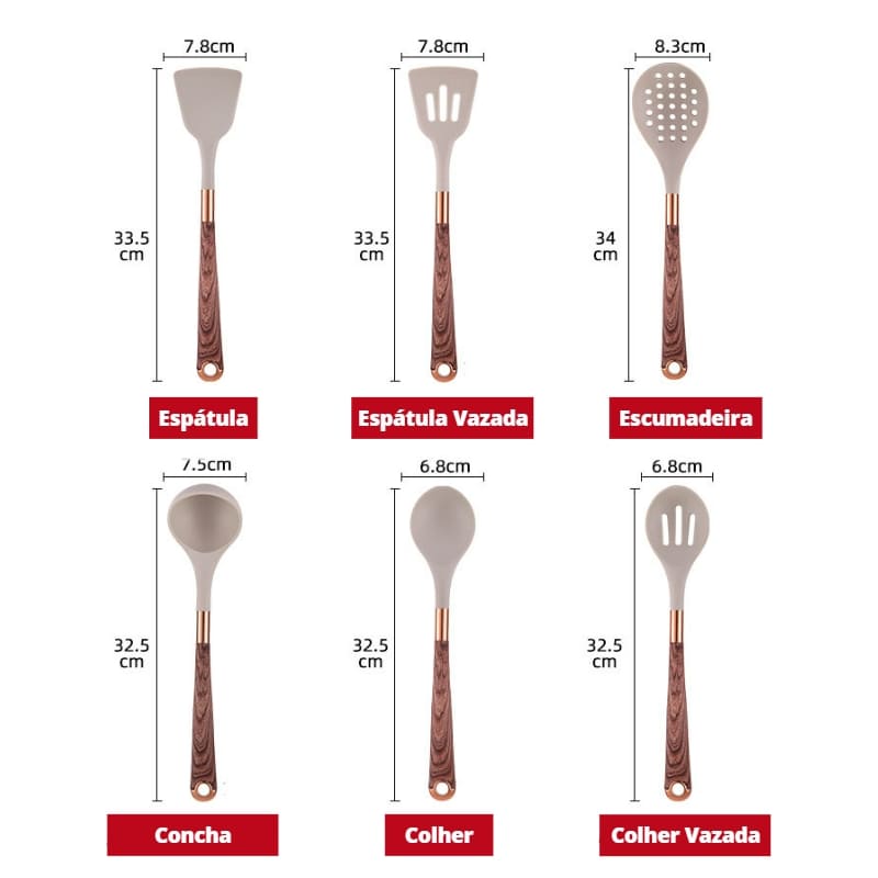Conjunto de Utensílios de Cozinha de Silicone 10 Peças com Organizador Rosé