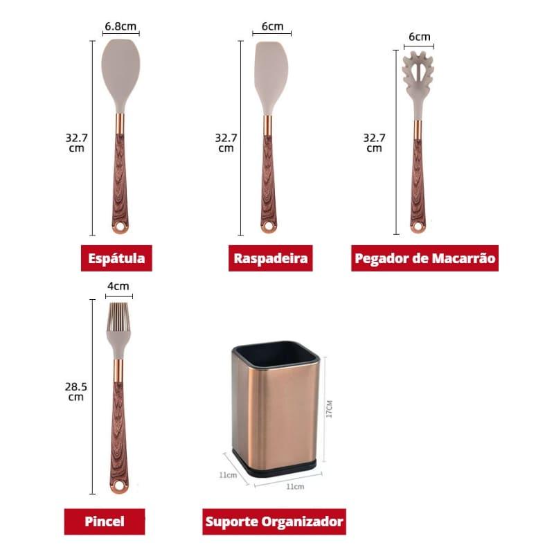 Conjunto de Utensílios de Cozinha de Silicone 10 Peças com Organizador Rosé