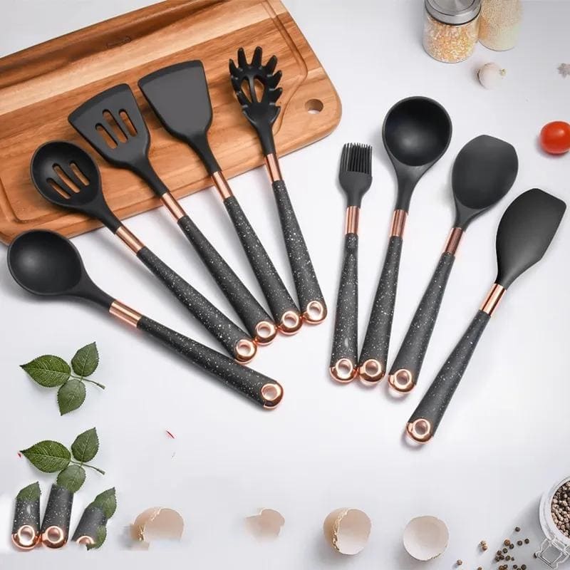 Conjunto de Utensílios de Cozinha de Silicone 10 Peças com Organizador Rosé