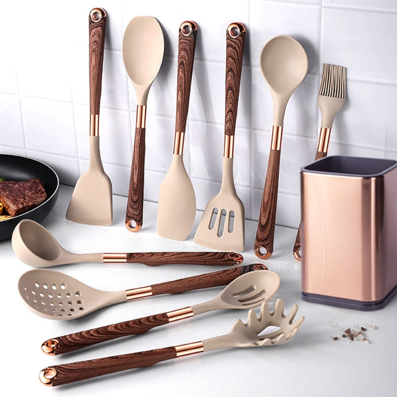 Conjunto de Utensílios de Cozinha de Silicone 10 Peças com Organizador Rosé