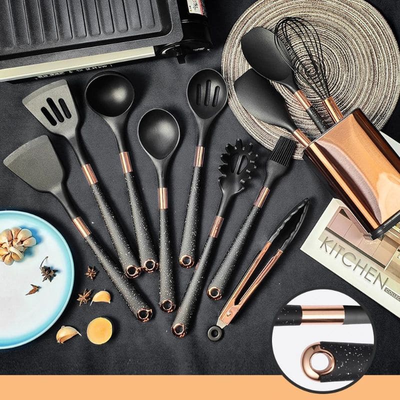 Conjunto de Utensílios de Cozinha de Silicone 10 Peças com Organizador Rosé