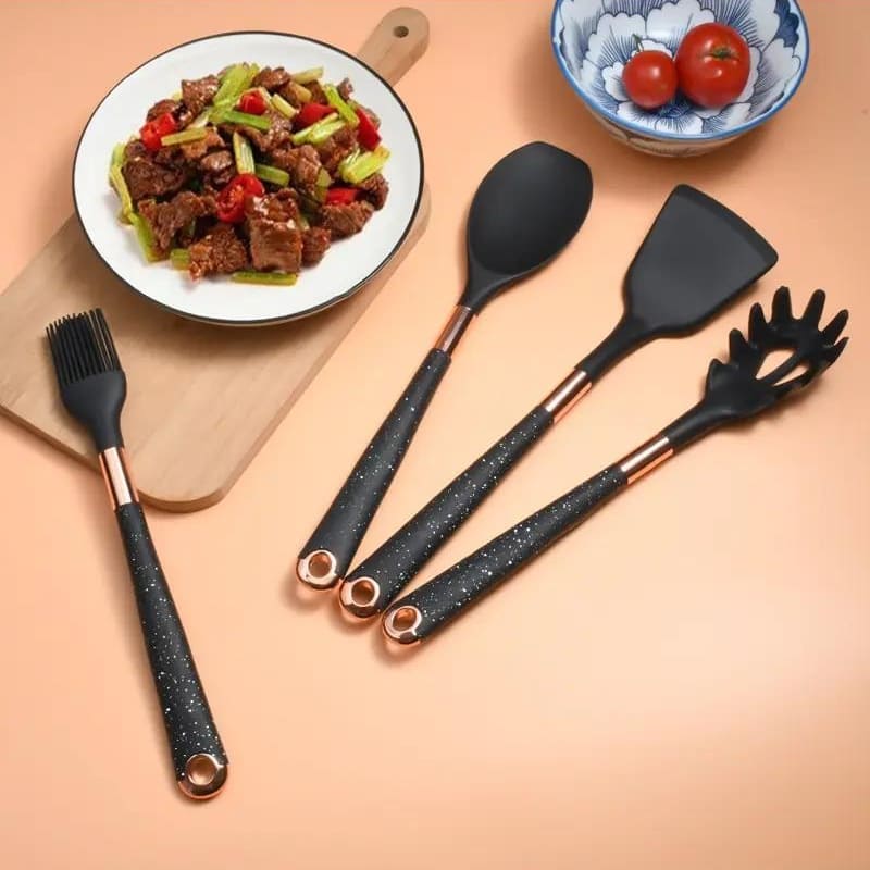 Conjunto de Utensílios de Cozinha de Silicone 10 Peças com Organizador Rosé