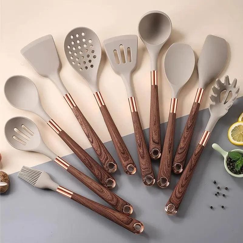Conjunto de Utensílios de Cozinha de Silicone 10 Peças com Organizador Rosé