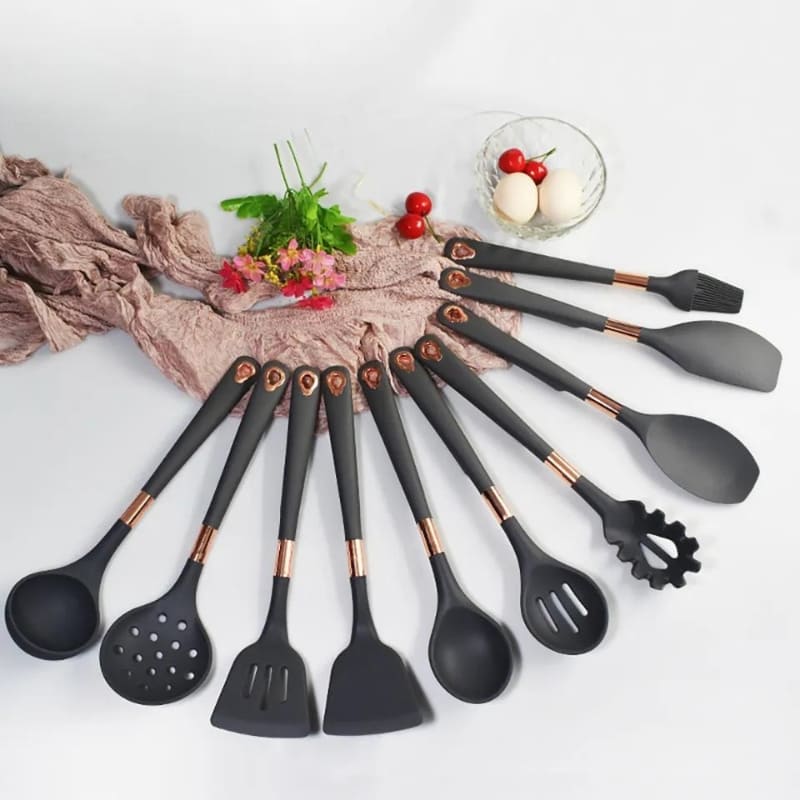 Conjunto de Utensílios de Cozinha de Silicone 10 Peças com Organizador Rosé
