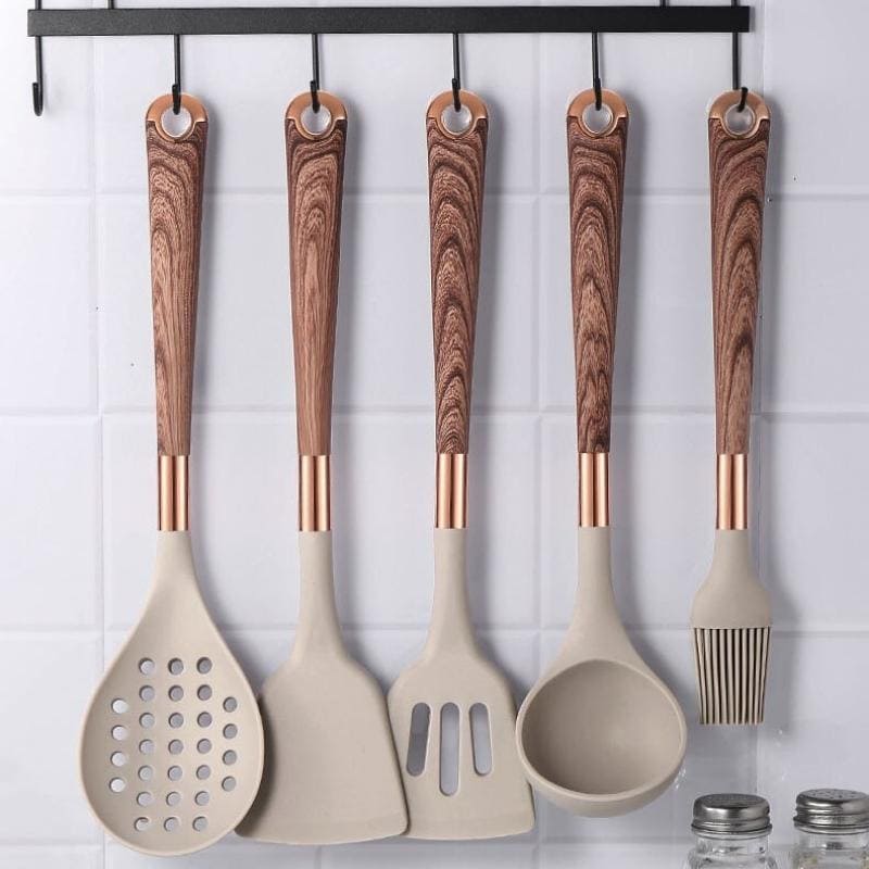 Conjunto de Utensílios de Cozinha de Silicone 10 Peças com Organizador Rosé