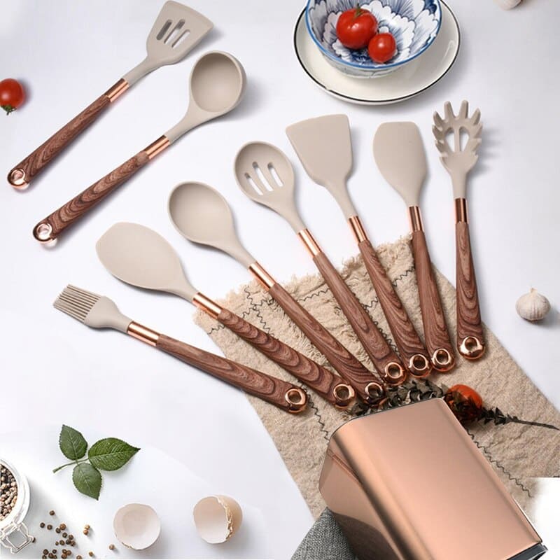 Conjunto de Utensílios de Cozinha de Silicone 10 Peças com Organizador Rosé
