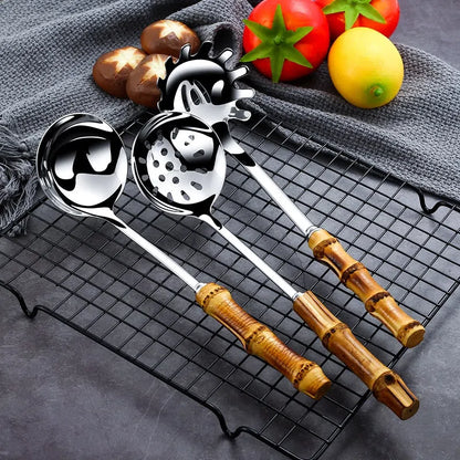 Conjunto de Utensílios de Cozinha em Aço Inoxidável com Cabo de Bambu Natural