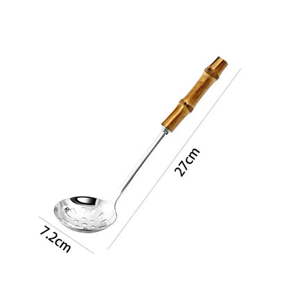 Conjunto de Utensílios de Cozinha em Aço Inoxidável com Cabo de Bambu Natural