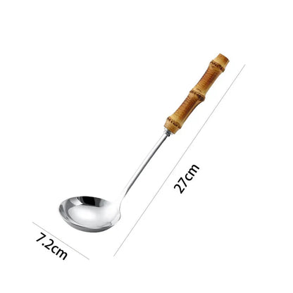 Conjunto de Utensílios de Cozinha em Aço Inoxidável com Cabo de Bambu Natural
