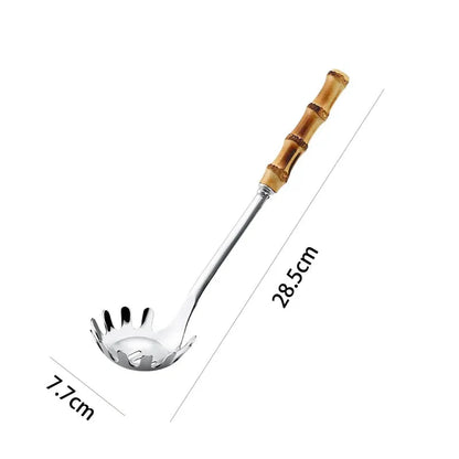 Conjunto de Utensílios de Cozinha em Aço Inoxidável com Cabo de Bambu Natural