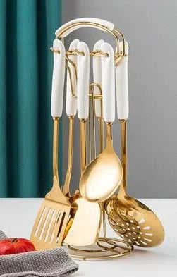 Conjunto de Utensílios de Cozinha em Aço Inoxidável com Cabo de Cerâmica - 7 Peças