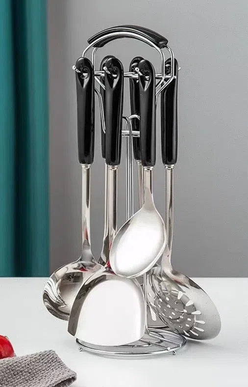 Conjunto de Utensílios de Cozinha em Aço Inoxidável com Cabo de Cerâmica - 7 Peças