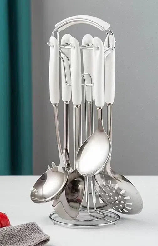 Conjunto de Utensílios de Cozinha em Aço Inoxidável com Cabo de Cerâmica - 7 Peças