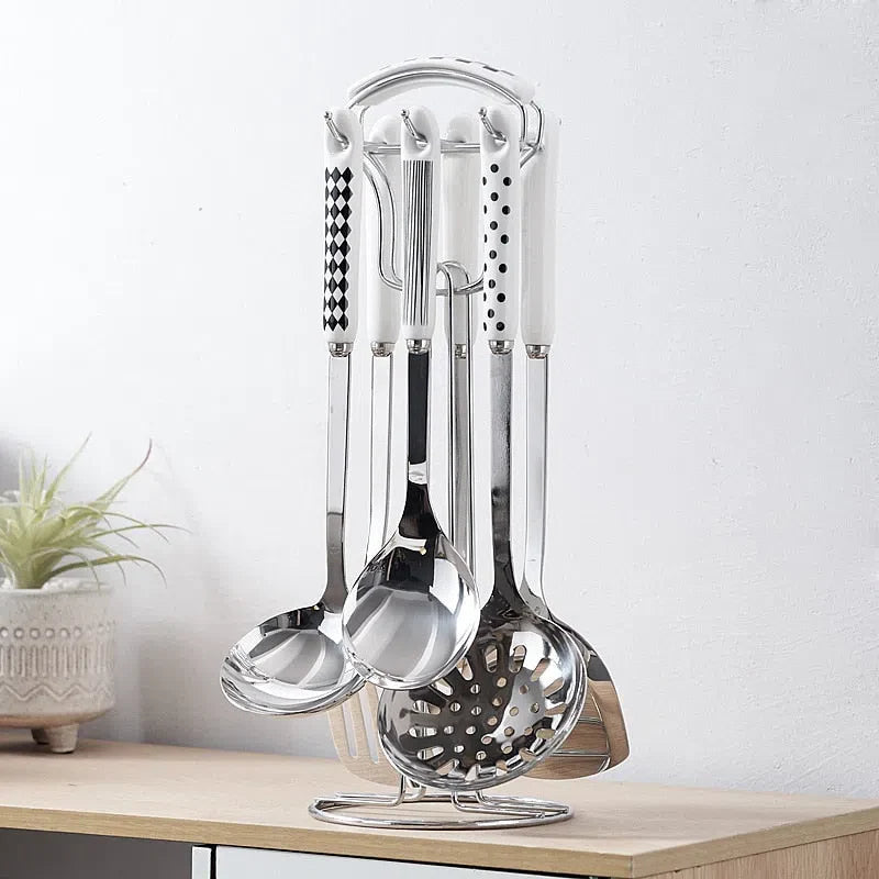 Conjunto de Utensílios de Cozinha em Aço Inoxidável com Cabo de Cerâmica - 7 Peças