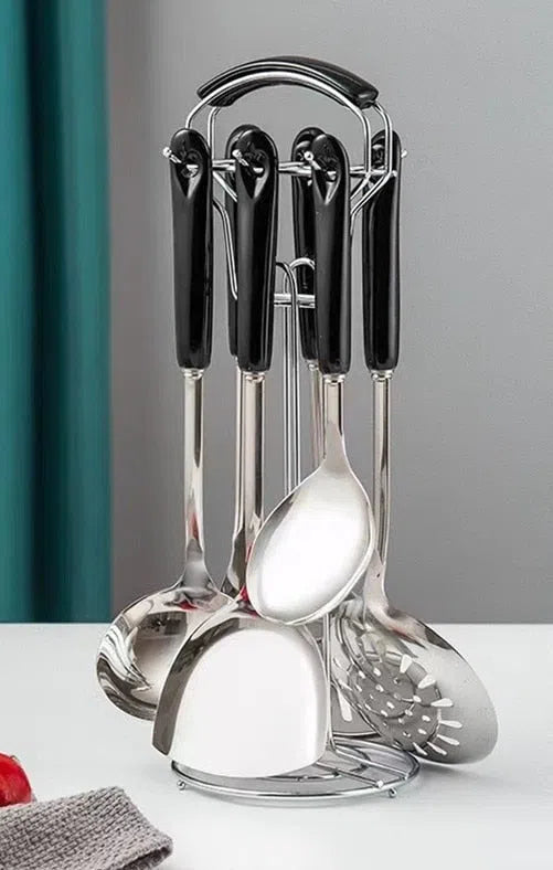 Conjunto de Utensílios de Cozinha em Aço Inoxidável com Cabo de Cerâmica - 7 Peças