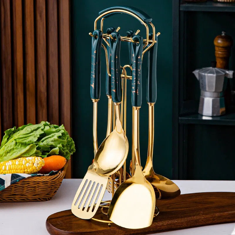 Conjunto de Utensílios de Cozinha em Aço Inoxidável com Cabo de Cerâmica - 7 Peças