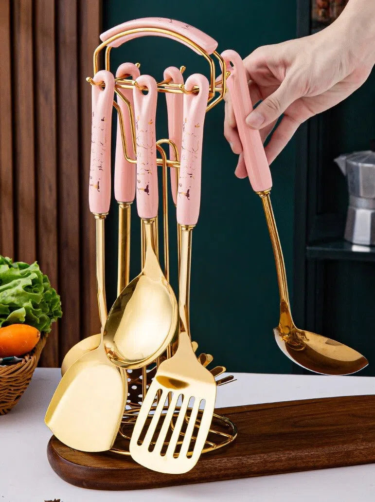 Conjunto de Utensílios de Cozinha em Aço Inoxidável com Cabo de Cerâmica - 7 Peças