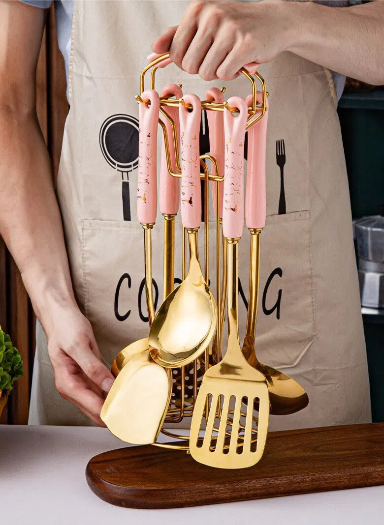 Conjunto de Utensílios de Cozinha em Aço Inoxidável com Cabo de Cerâmica - 7 Peças