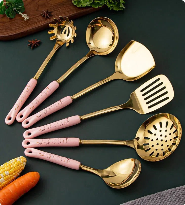 Conjunto de Utensílios de Cozinha em Aço Inoxidável com Cabo de Cerâmica - 7 Peças