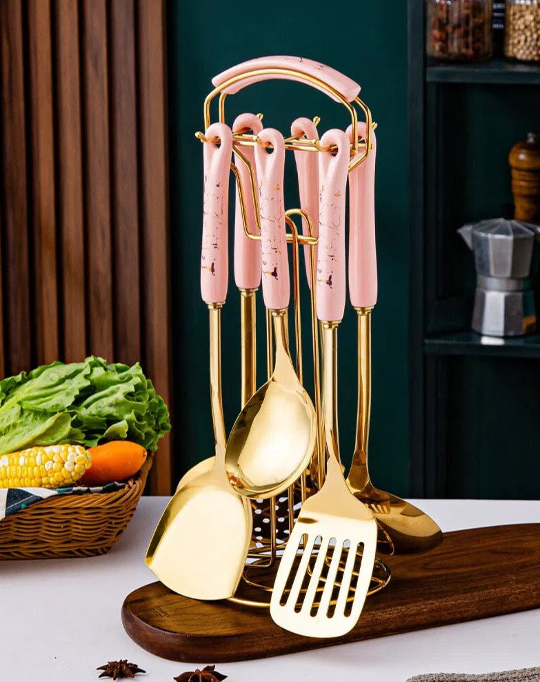 Conjunto de Utensílios de Cozinha em Aço Inoxidável com Cabo de Cerâmica - 7 Peças