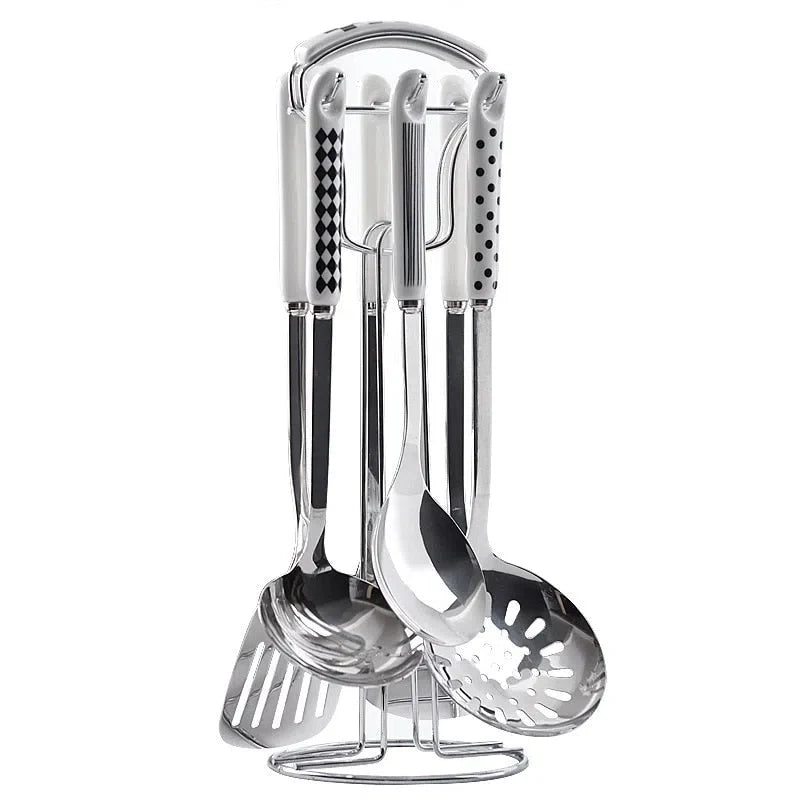 Conjunto de Utensílios de Cozinha em Aço Inoxidável com Cabo de Cerâmica - 7 Peças