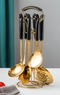 Conjunto de Utensílios de Cozinha em Aço Inoxidável com Cabo de Cerâmica - 7 Peças