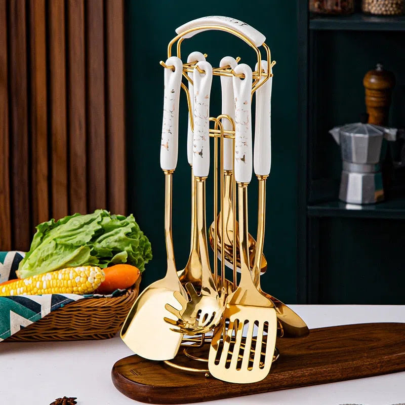 Conjunto de Utensílios de Cozinha em Aço Inoxidável com Cabo de Cerâmica - 7 Peças