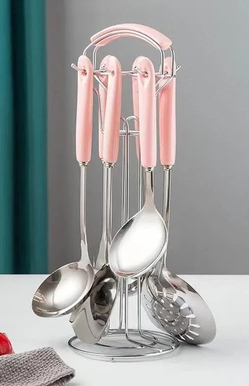 Conjunto de Utensílios de Cozinha em Aço Inoxidável com Cabo de Cerâmica - 7 Peças