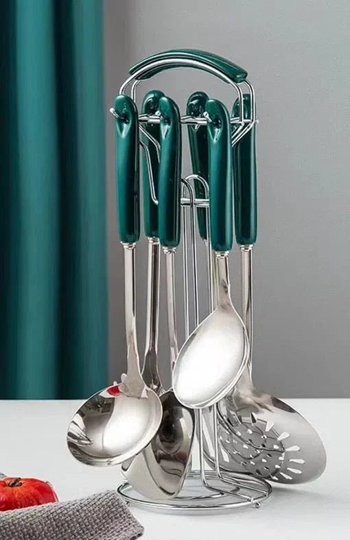 Conjunto de Utensílios de Cozinha em Aço Inoxidável com Cabo de Cerâmica - 7 Peças