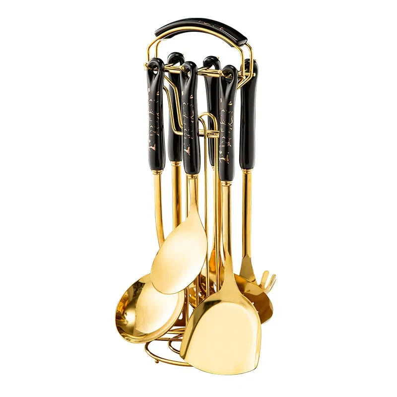 Conjunto de Utensílios de Cozinha em Aço Inoxidável com Cabo de Cerâmica - 7 Peças