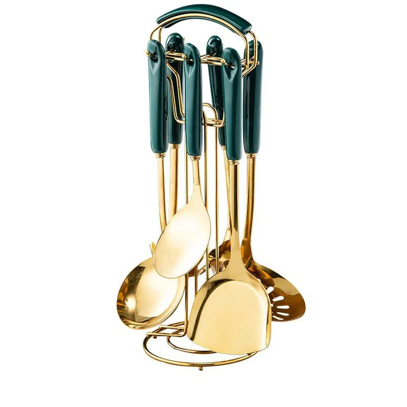 Conjunto de Utensílios de Cozinha em Aço Inoxidável com Cabo de Cerâmica - 7 Peças