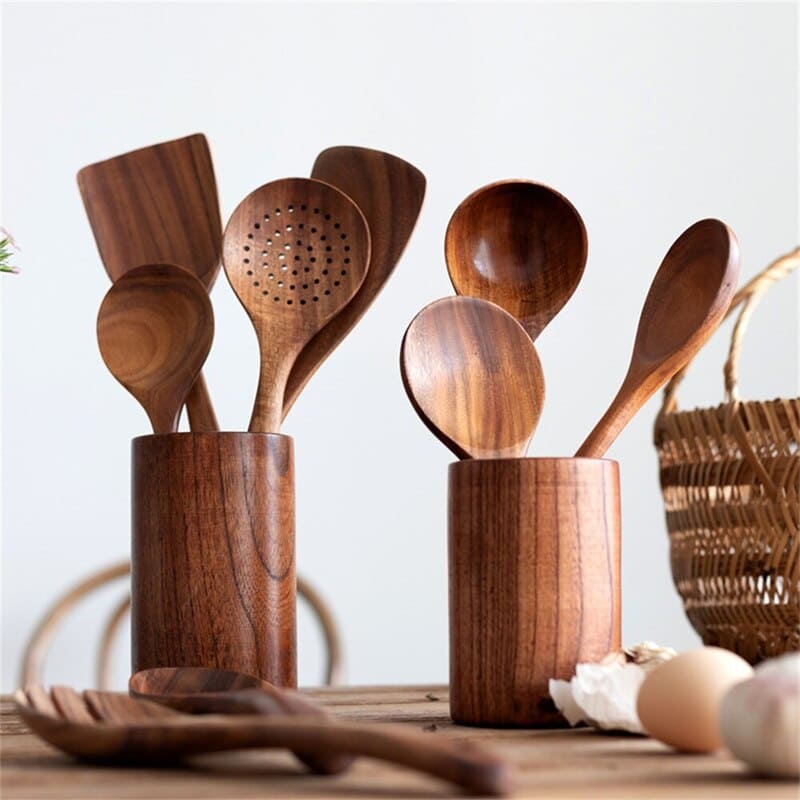Conjunto de Utensílios de Cozinha em Madeira - 7 Peças