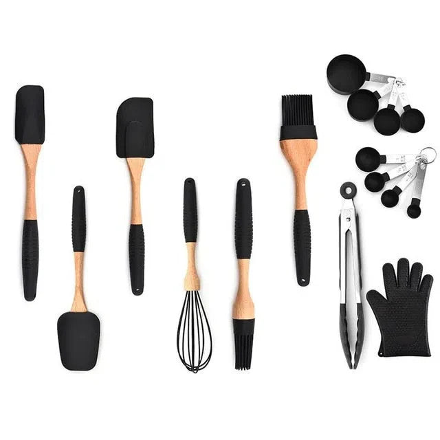 Conjunto de Utensílios de Cozinha em Silicone e Madeira de Carvalho - 11 Peças