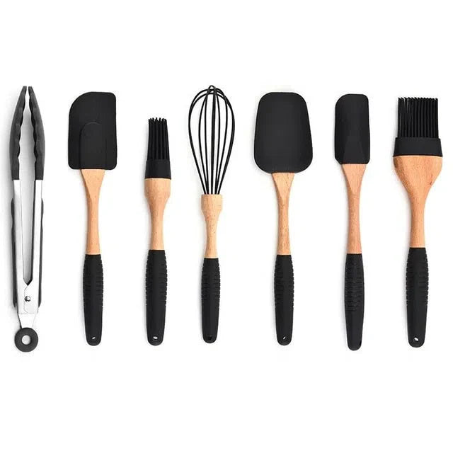 Conjunto de Utensílios de Cozinha em Silicone e Madeira de Carvalho - 11 Peças