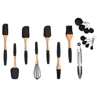 Conjunto de Utensílios de Cozinha em Silicone e Madeira de Carvalho - 11 Peças