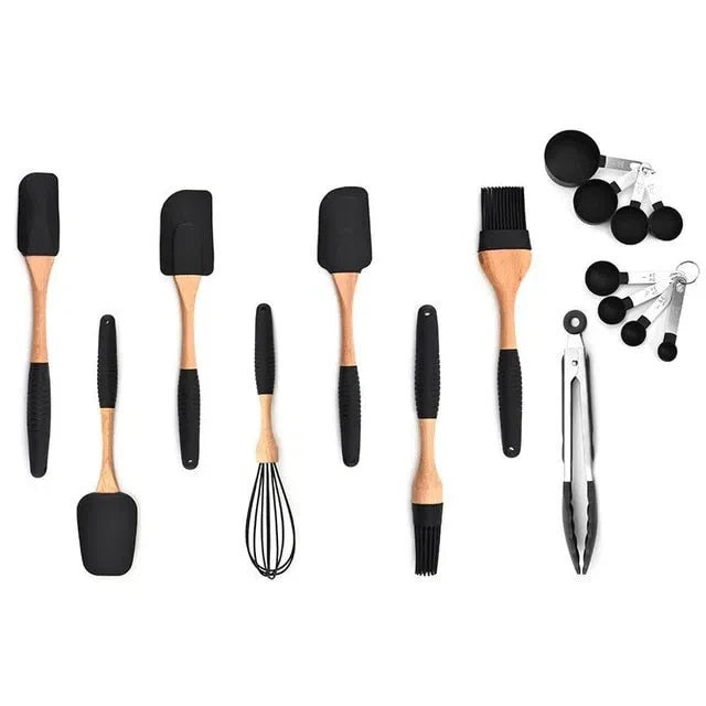 Conjunto de Utensílios de Cozinha em Silicone e Madeira de Carvalho - 11 Peças