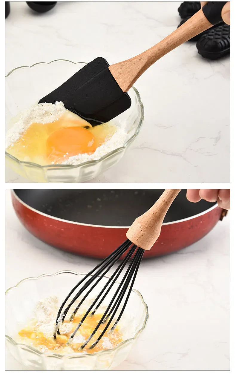 Conjunto de Utensílios de Cozinha em Silicone e Madeira de Carvalho - 11 Peças