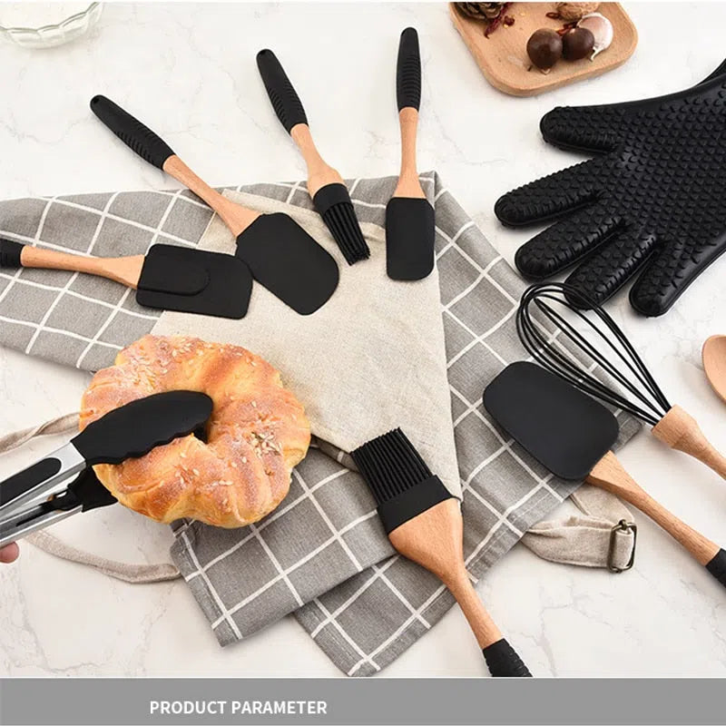 Conjunto de Utensílios de Cozinha em Silicone e Madeira de Carvalho - 11 Peças