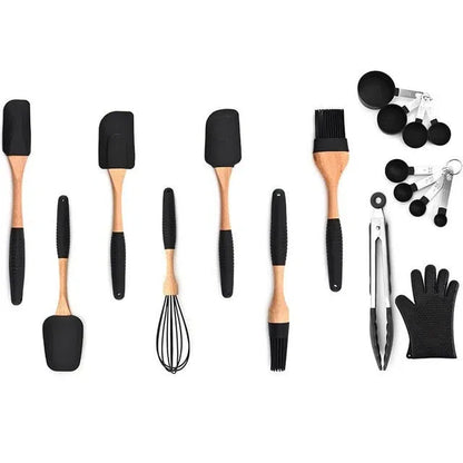 Conjunto de Utensílios de Cozinha em Silicone e Madeira de Carvalho - 11 Peças